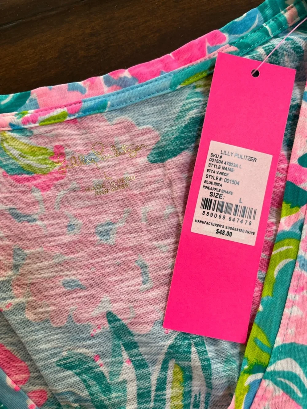 Lilly Pulitzer Pink & blue Floral V-Neck Short Sleeve Top NWT Sz L, 100% cotton - Picture 3 of 4
